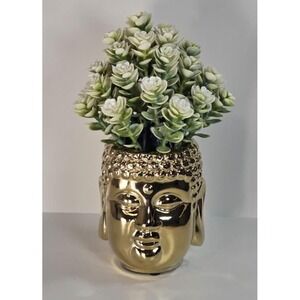 Handmade Gold Buddha Head Planter with Artificial Succulent – Unique Piece